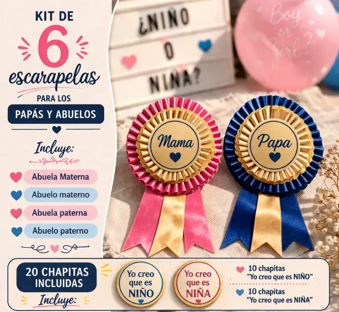 Revelacion de sexo escarapelas y chapitas para los invitados , celebracion